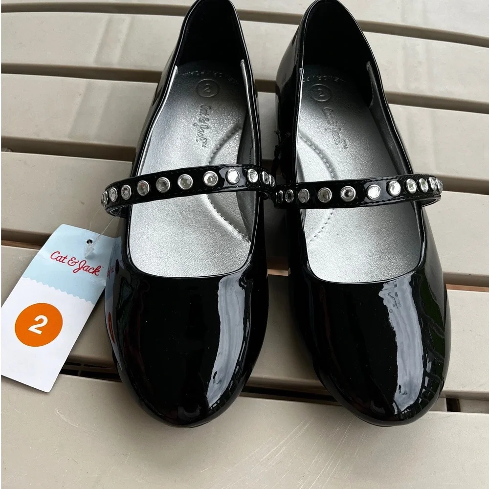 Cat & Jack Brooke Girls Black Patent Rhinestone Mary Jane Flats Size 2 NEW